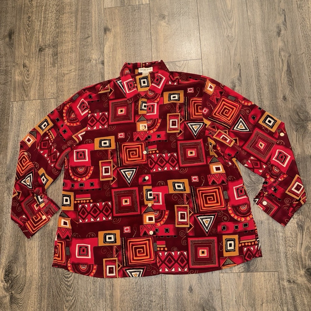 Vintage Notations Button‎ Up Blouse Women 2X Red Geometric Long Sleeve 80s Retro
